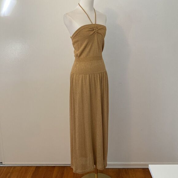 BCBG Gold Metallic Sweater Knit Halter Midi Dress Size Large - Picture 5 of 13